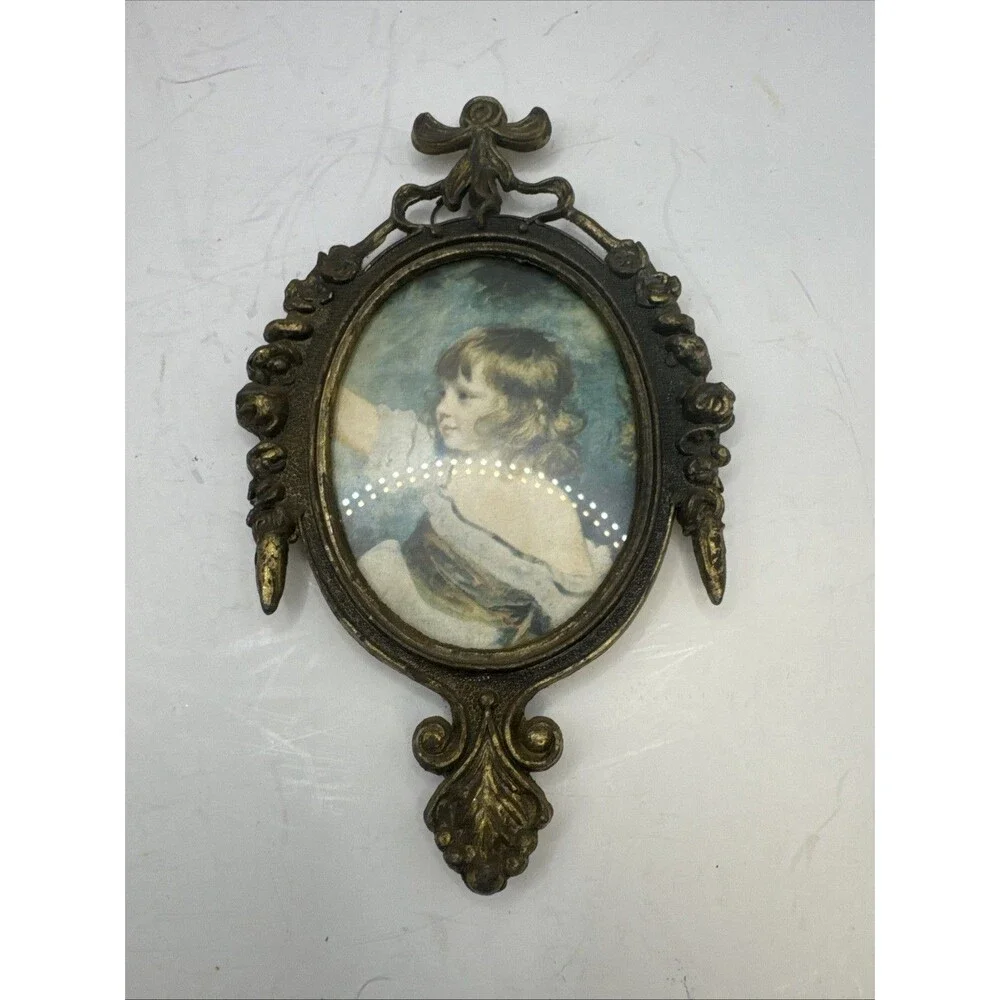 3 Trio VTG Ornate Metal Frames Victorian Young Girl Praying/Waving 6.5” Italy